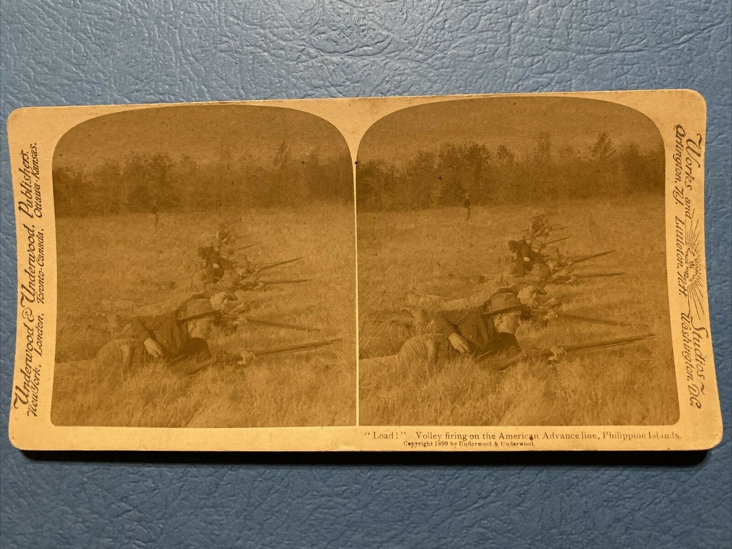 1899 Real Photo Stereoview Volley Firing Philippine Islands Military Soldiers