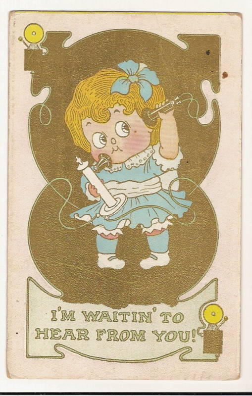 Waiting To Hear From You Cartoon Girl on Candlestick Telephone Greeting Postcard