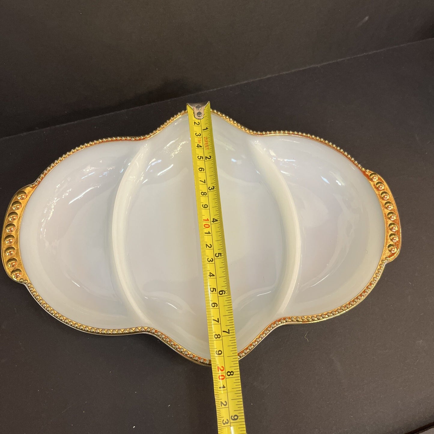 Vintage Relish Tray Fire-King 3-Section - Milk Glass Divided Gold Bead Trim