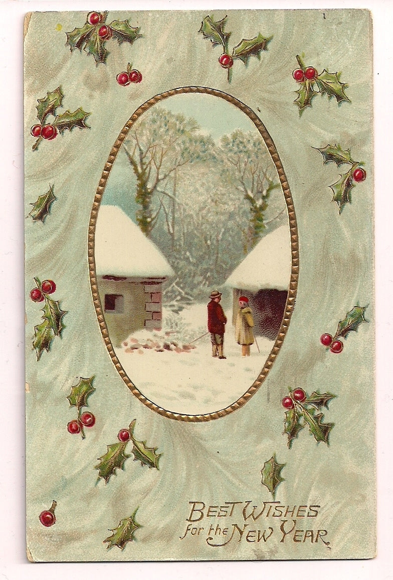 Best Wishes Gold Gilt Gel Scenic New Year Postcard