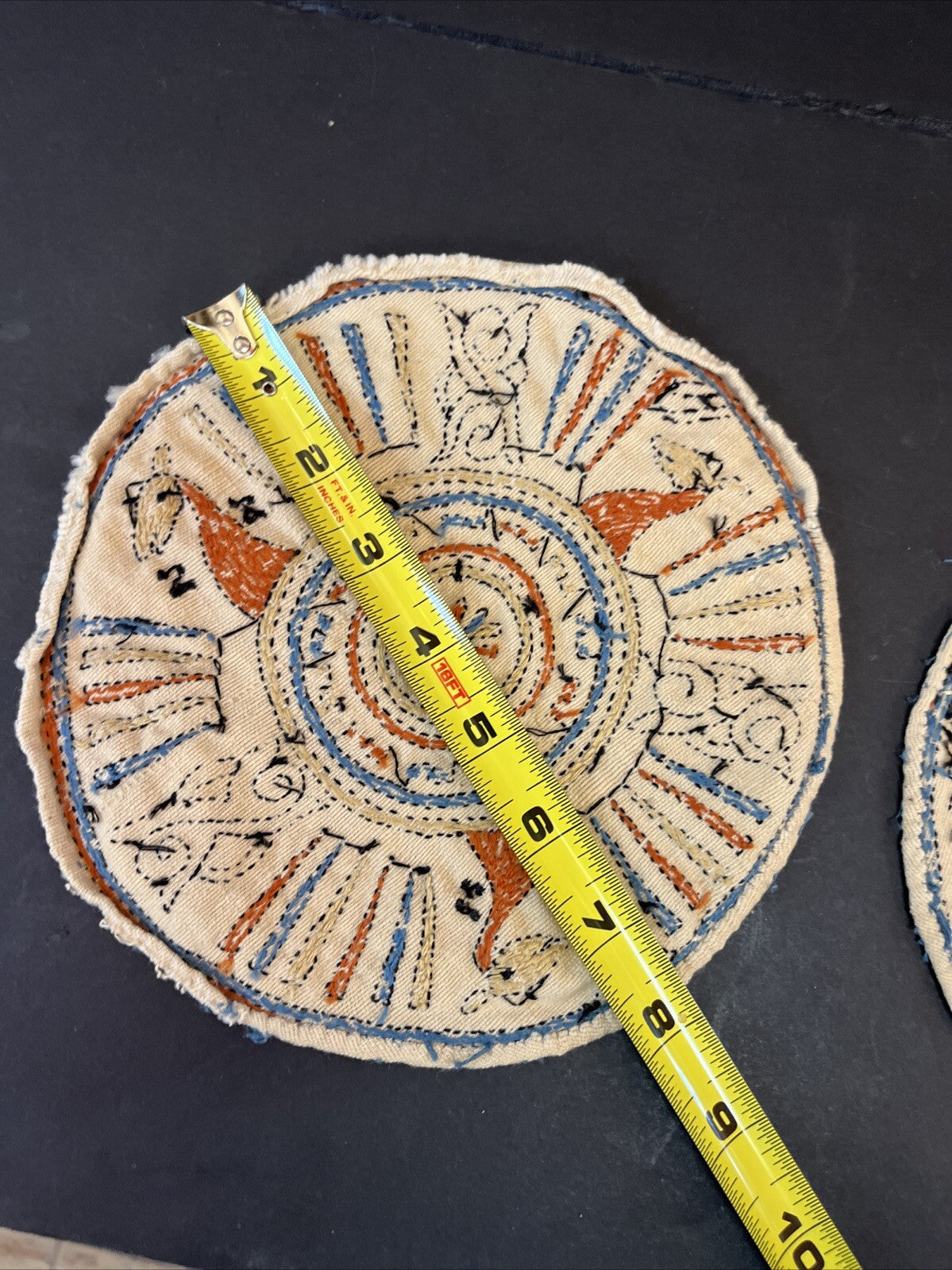 Small Vintage Needlepoint Throw Pillow Tops Blue, Rust & Tan Round MCM Vintage