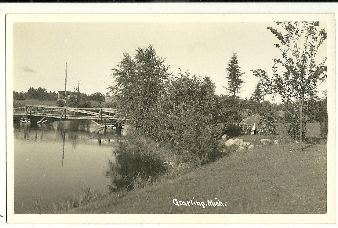 Real Photo Grayling wood bridge MI Michigan Postcard