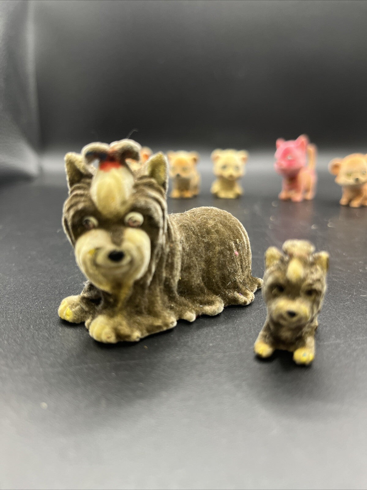 9 Vintage Flocked Dogs, Cats Tigers Originals Felt Fuzzy Animals
