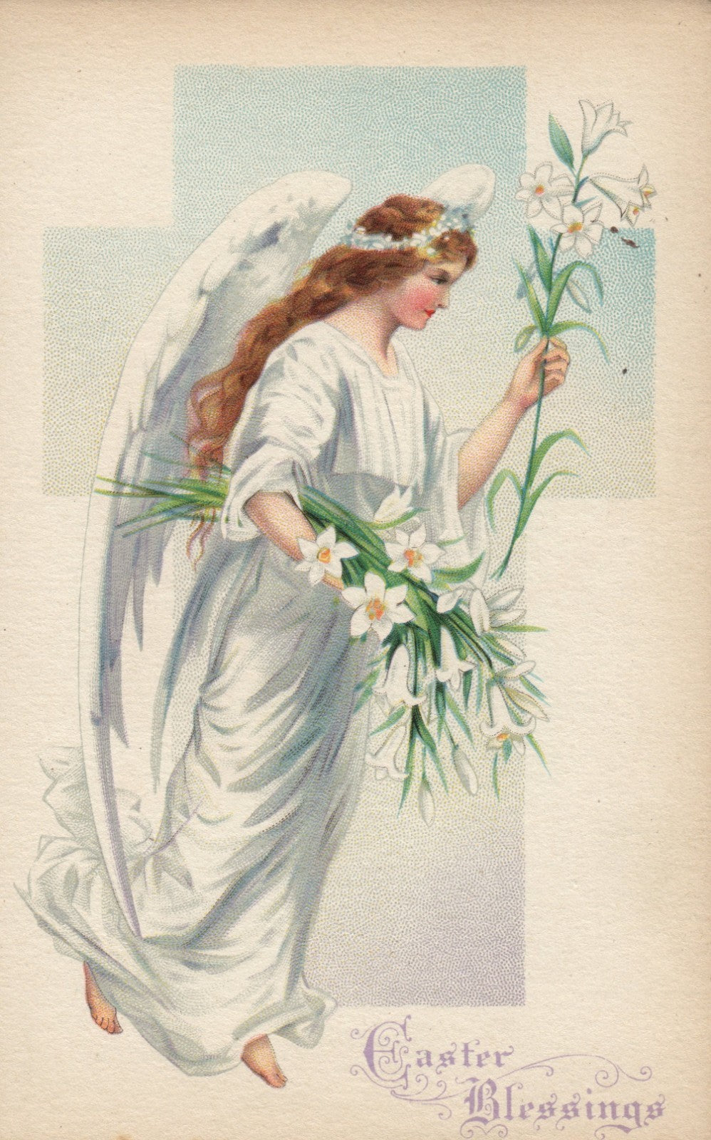 White Winged Angel Holding White Flowers Easter Blessings Postcard