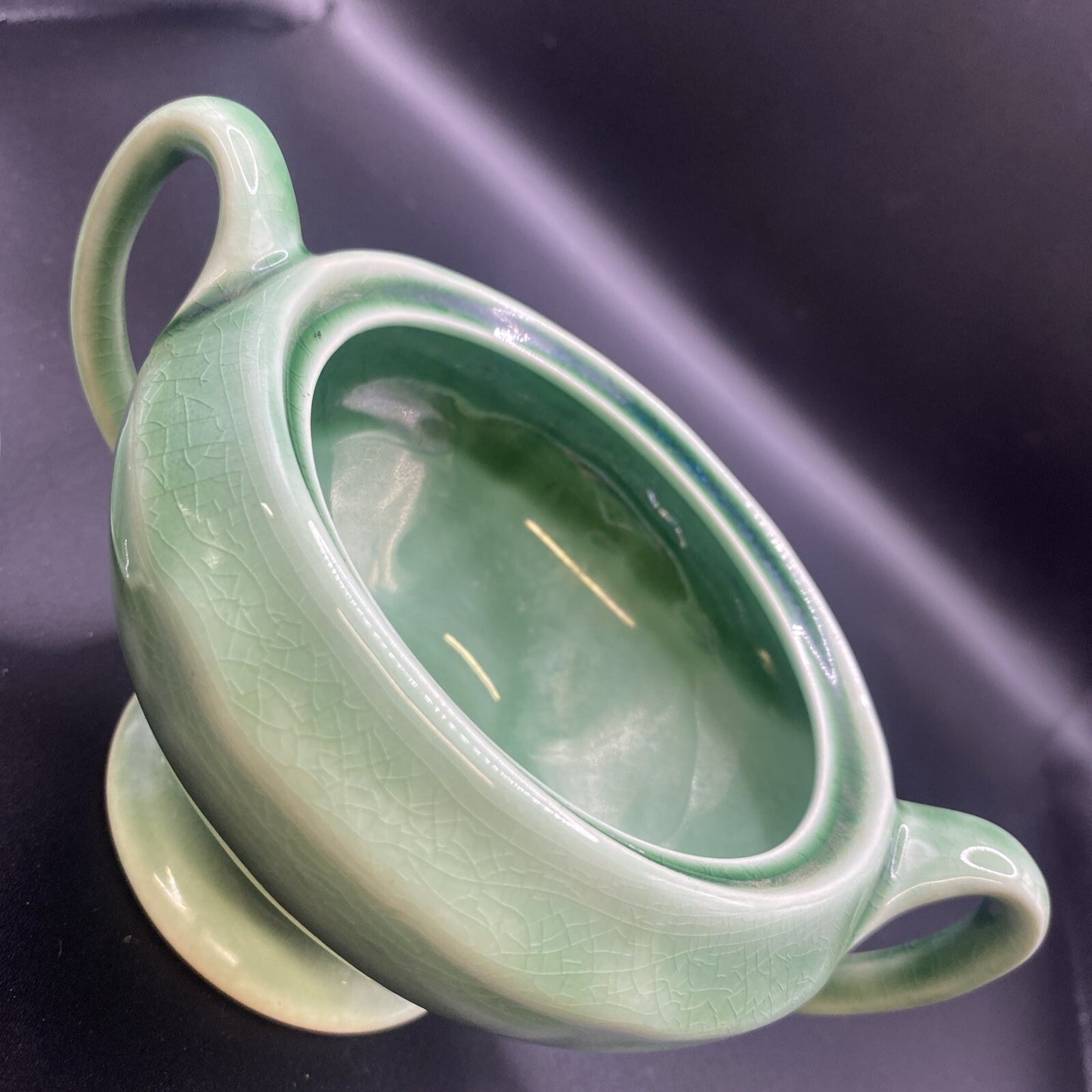 2 Handled Sugar Bowl with Lid Vintage 1930's Mount Clemens Petalware LIGHT Green