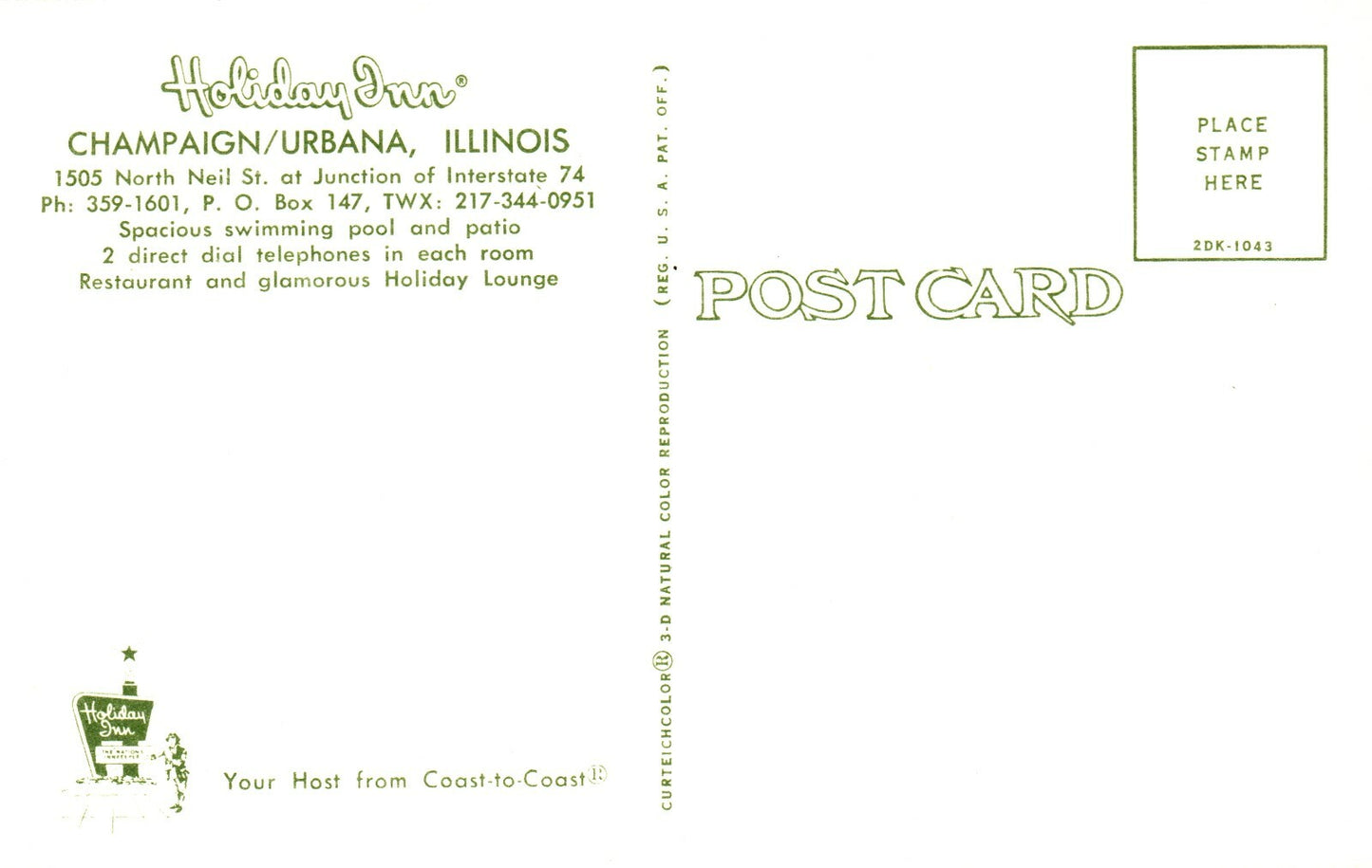 Holiday Inn Motel Champaign Urbana Junction Interstate 74 Illinois IL Postcard