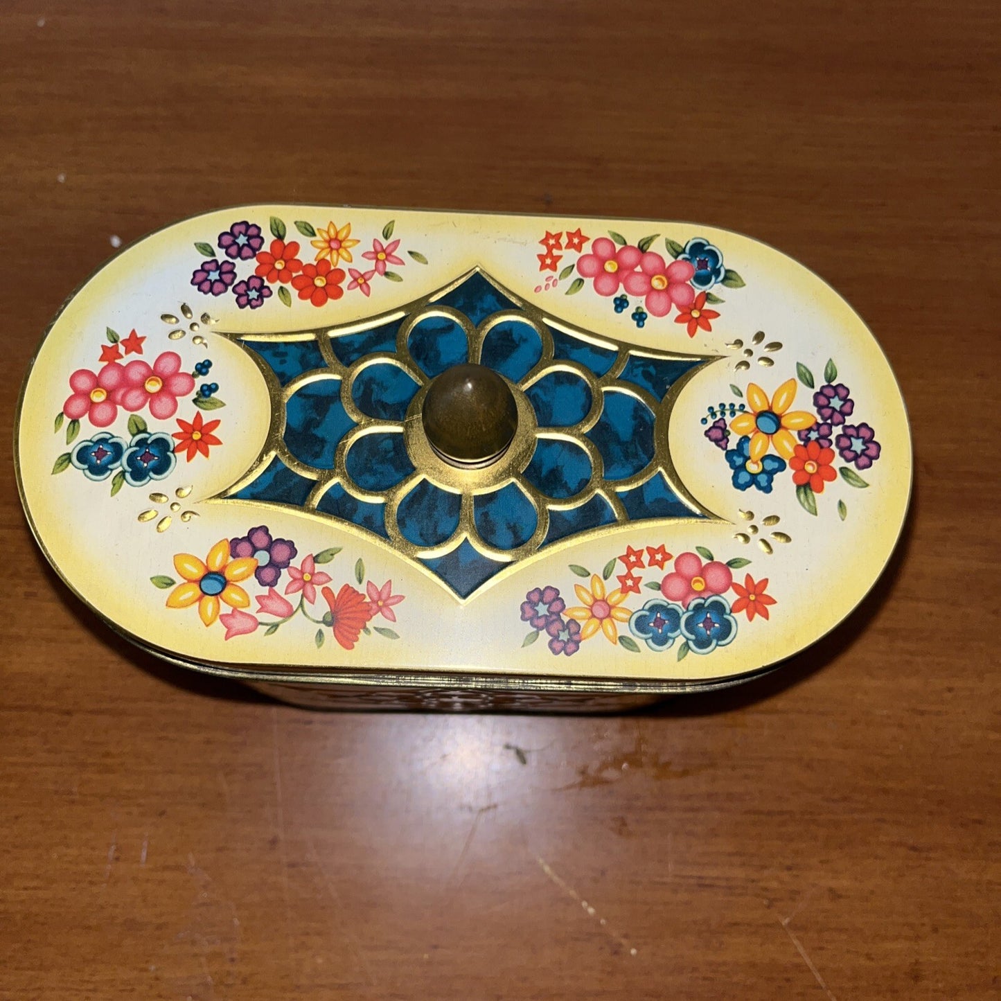 Vintage Oval Blue Green Yellow Metal Candy Tin Wild Flowers 5" High