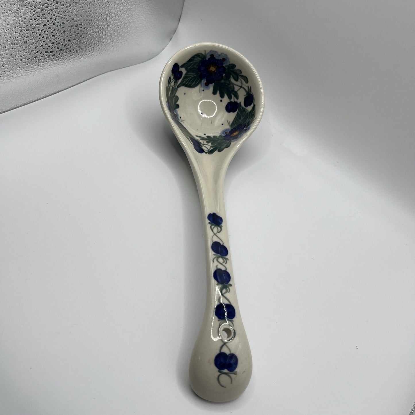 Vtg Polish Pottery Soup Serving Ladle 12“ Wild Blueberry Cobalt Blue