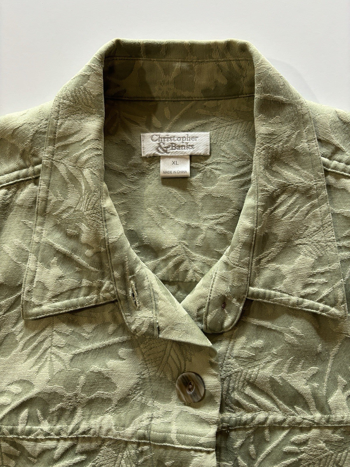 GSK Womens Sage Green Leaf Print Button Up Blazer Jacket Christopher Banks Sz XL