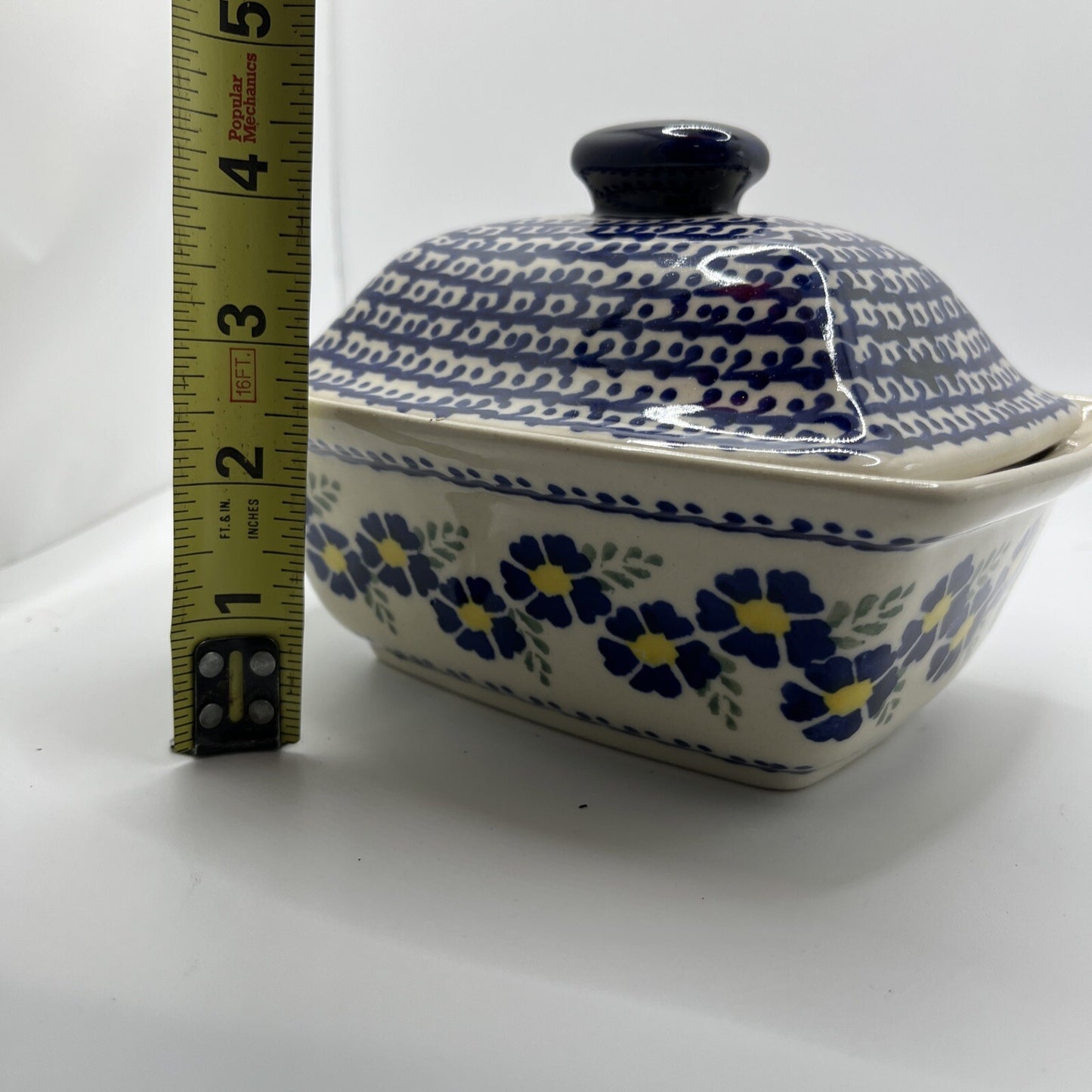 Boleslawiec Polish Pottery Covered Dish w/Spoon Slot 6.75" Yellow/Blue No Spoon
