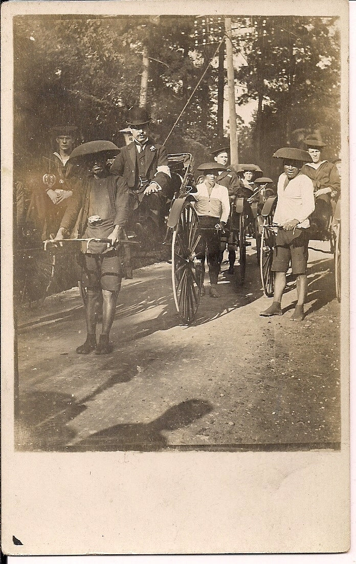 Real Photo Rickshaw with military men in uniform China Postcard