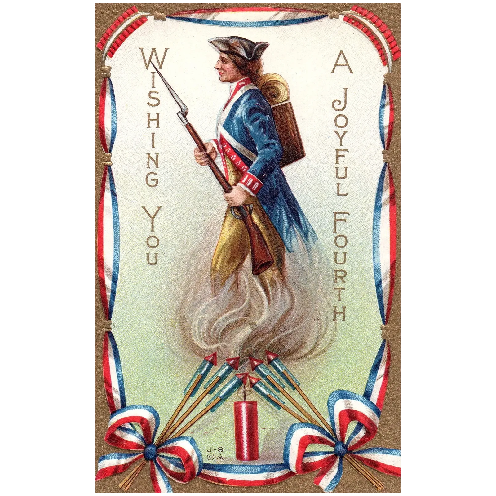 Wishing You a Joyful Fourth Soldier with Fireworks Vintage July 4th Postcard