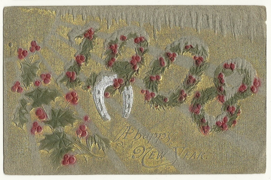 1908 Happy New Year Holly Silver Horseshoe Airbrushed Embossed Postcard