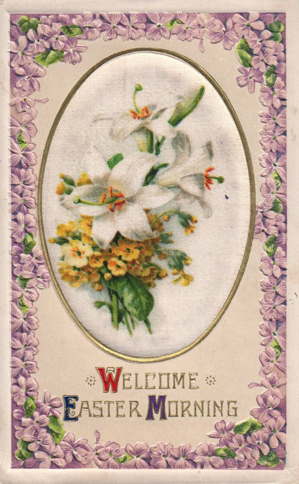 Welcome Easter Morning Silk White Flowers Vintage Easter Postcard