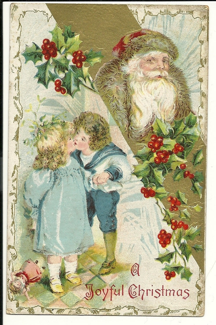 John Winsch Boy kissing girl Doll Santa Claus Christmas Postcard
