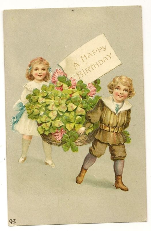 EAS Happy Birthday Greeting Two Children Four Leaf Clovers in Basket Postcard