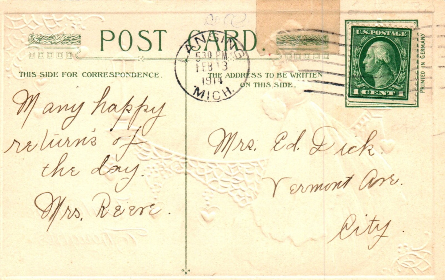 John Winsch Valentine Thoughts Woman with Hearts Valentine Postcard