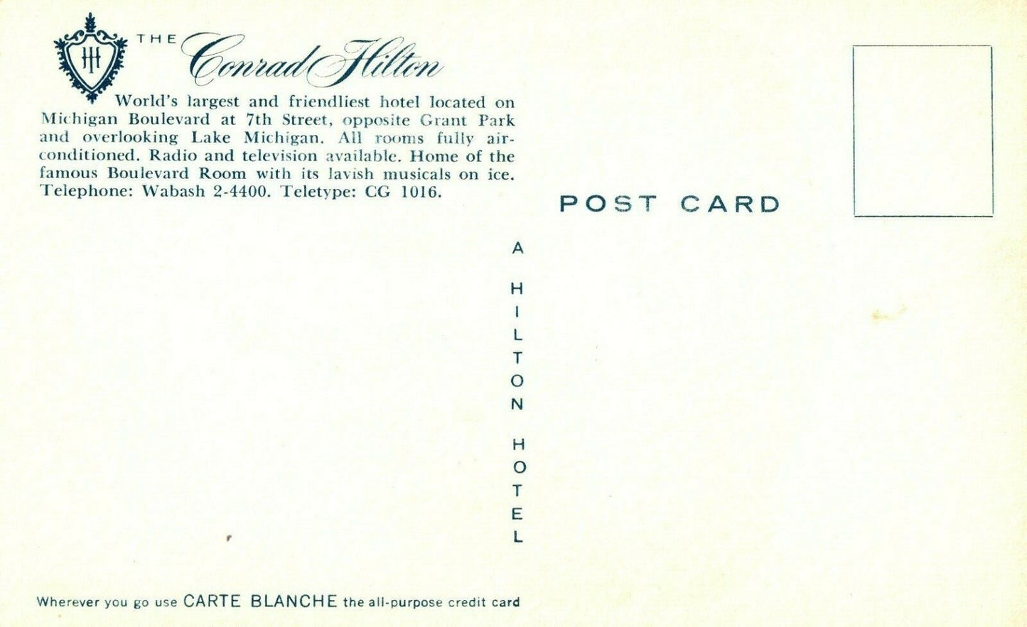 Convention Capital Conrad Hilton Chicago Hotel Motel Postcard