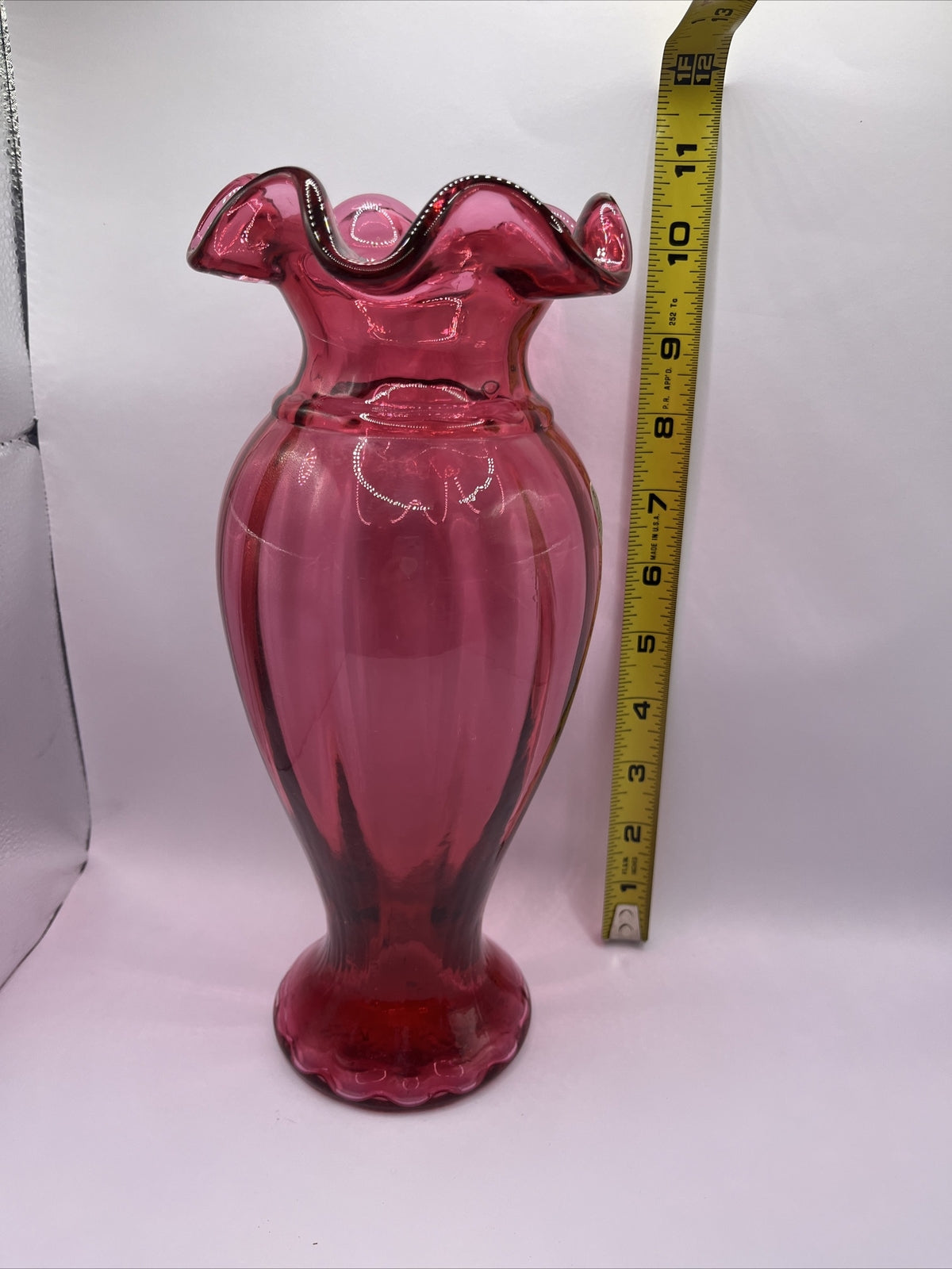 Fenton Art Glass Cranberry Vertical Line Vase Ruffled Edge 10.75”Pristine!