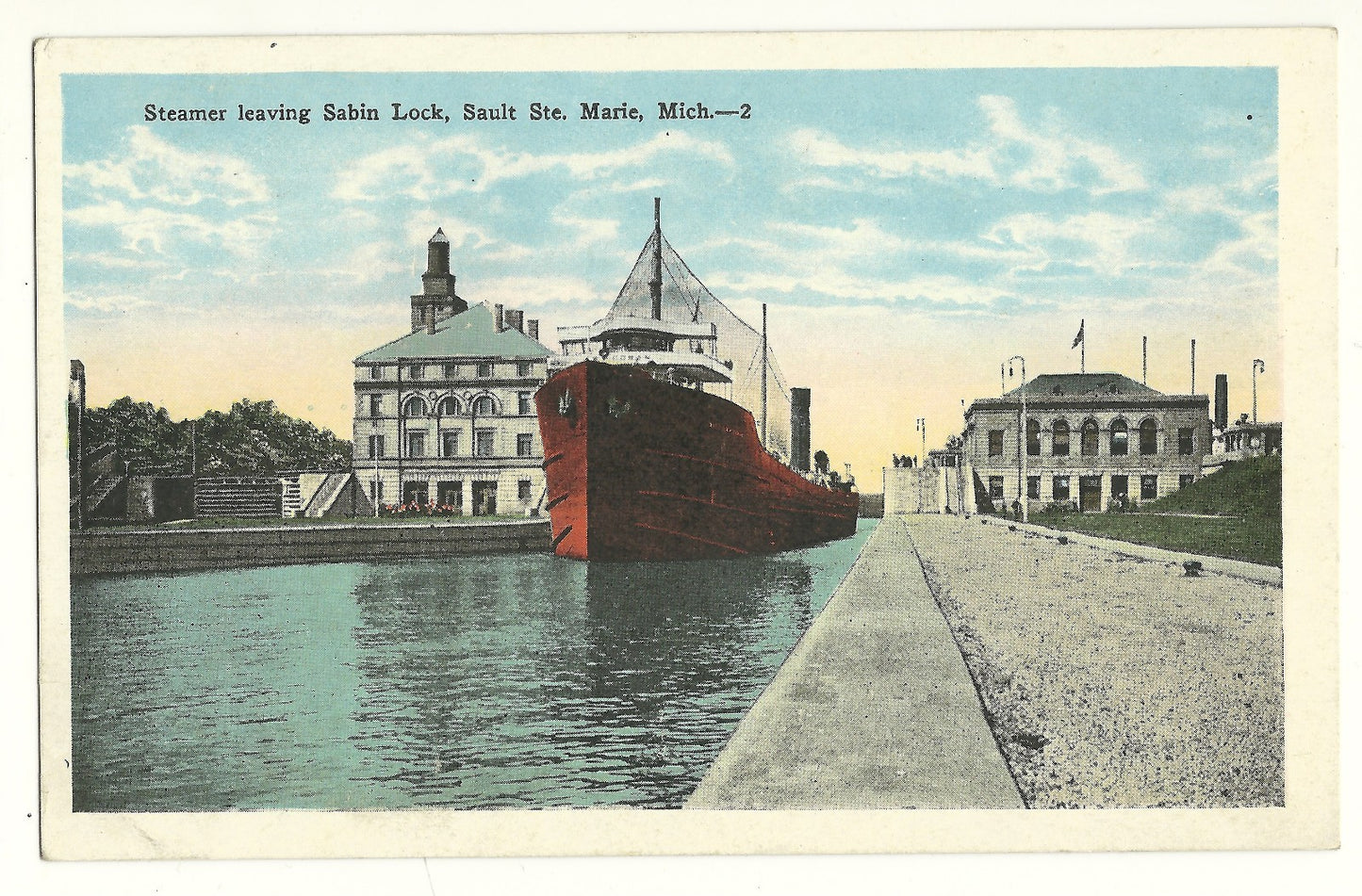 Steamer Leaving Sabin Lock Saulte Ste Marie MI -2 Ship Postcard