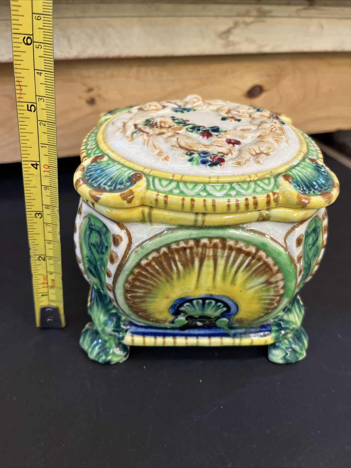 Vintage 50s Japanese Trinket Box Majolica Maruhon Ware Bonboniere Lidded Jewelry