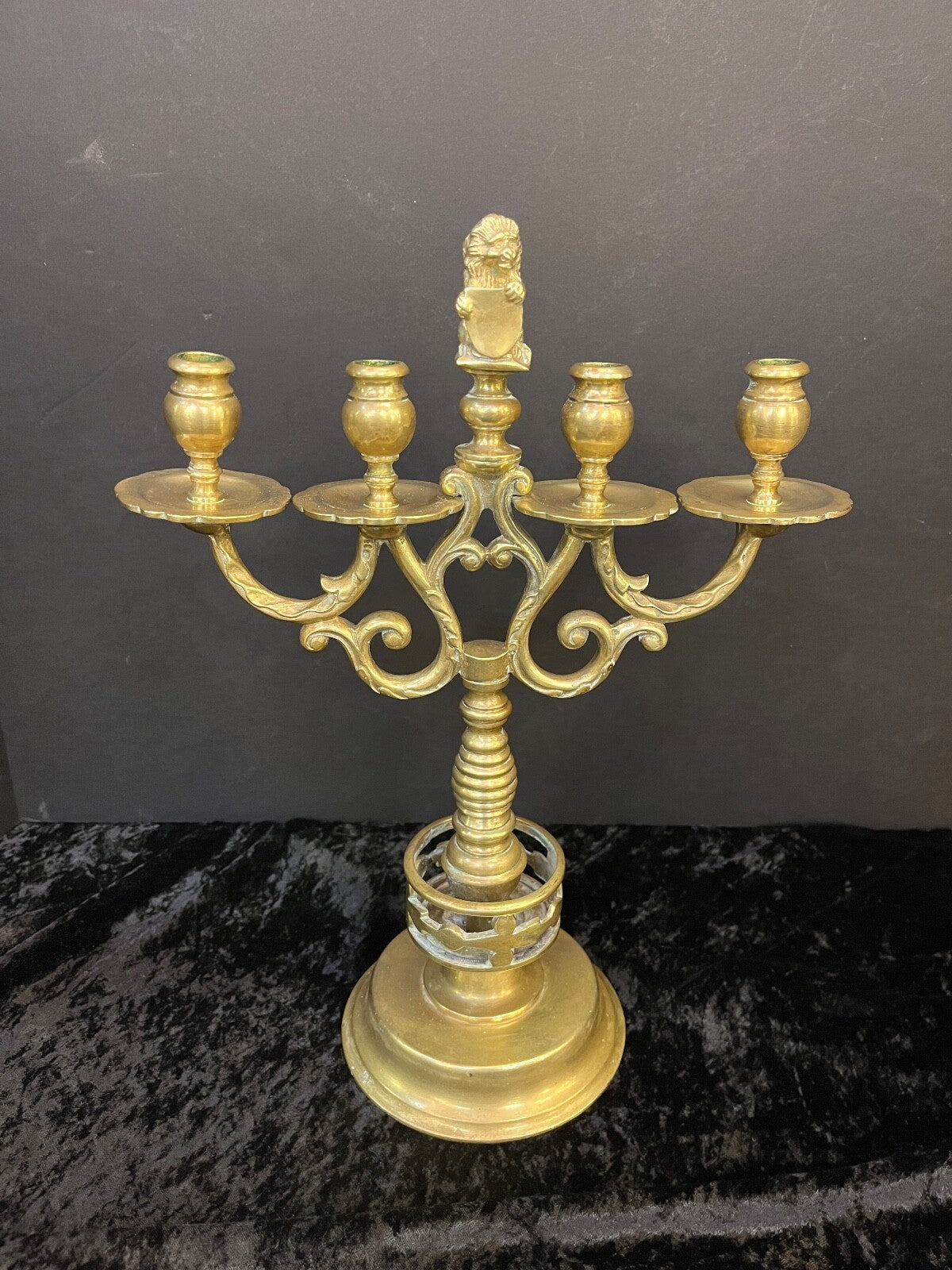 Vintage Brass Candelabra with Lion Holding Shield