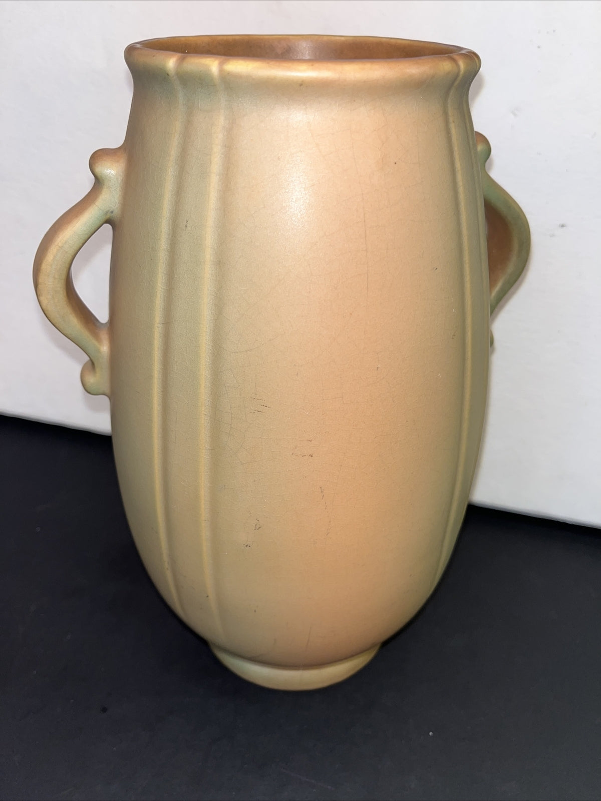 BEAUTIFUL VINTAGE 1930'S WELLER POTTERY PEACH TWO HANDLES WILD 3D ROSE VASE