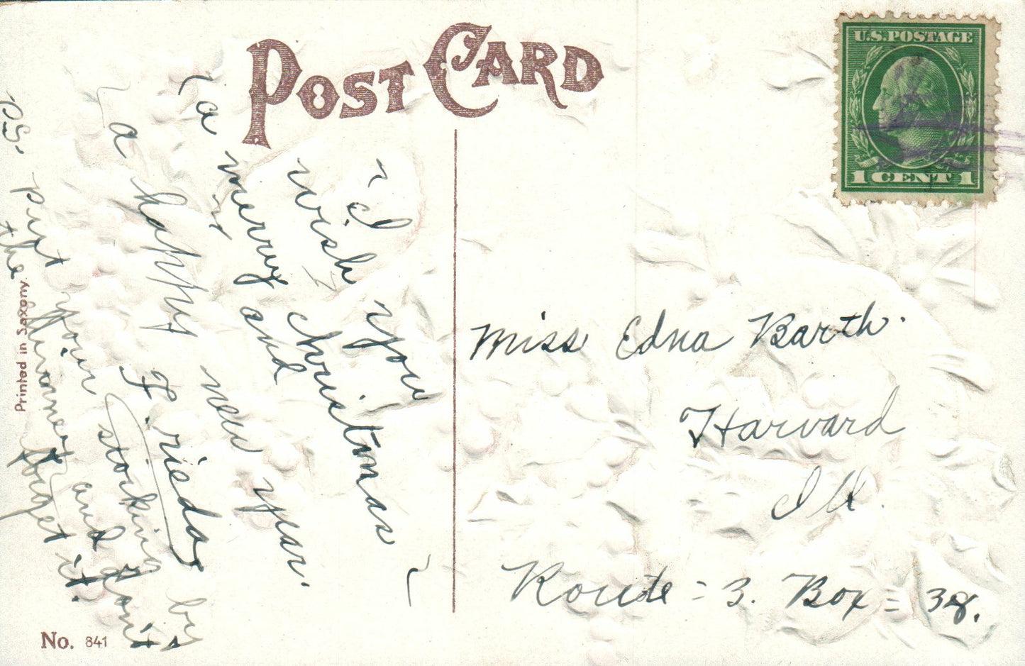 Embossed Bird on Berry Bush Horse Shoe Christmas Postcard 841