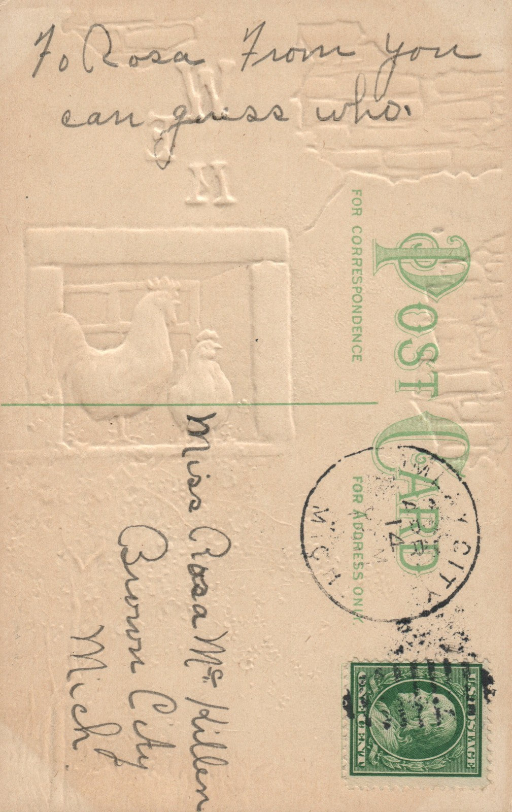 Hen and Rooster Standing On Window Cherry Blossom Tree Easter Postcard