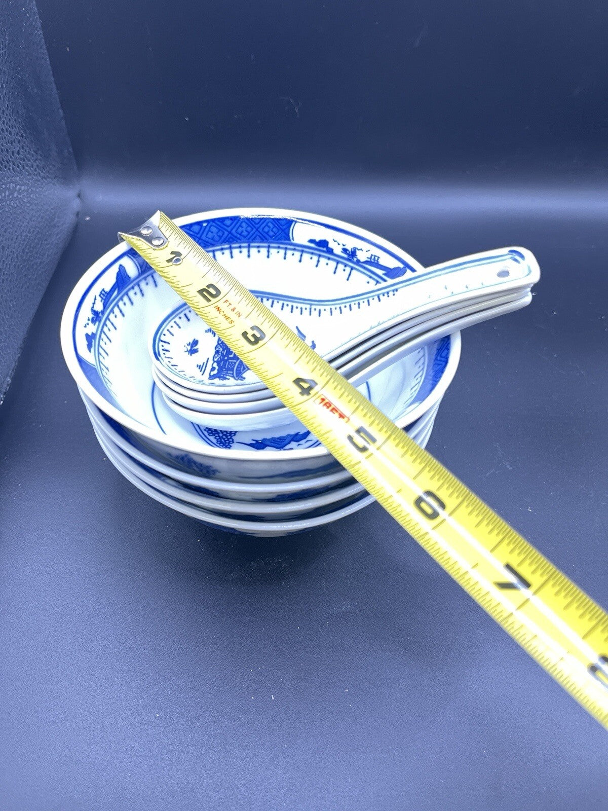 8 PC Chinese Blue White Porcelain Rice Pattern Soup Bowl Matching Spoon