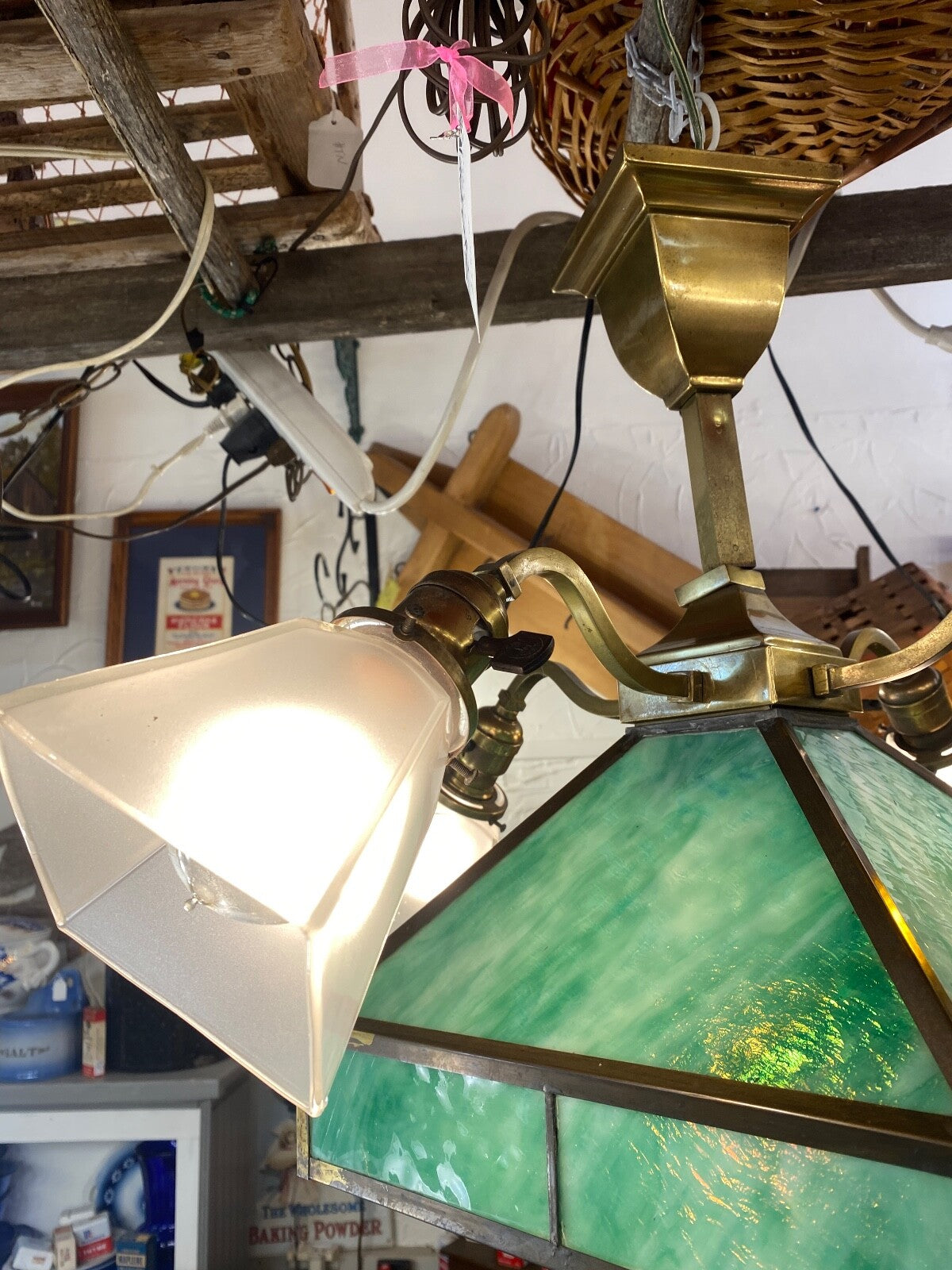 Green Stained Glass 5 Light Craftsman Chandelier 1910-1915