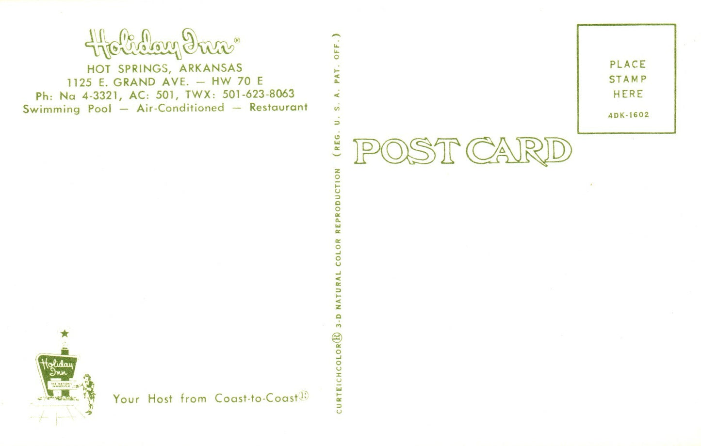 Motel Holiday Inn 1125 E Grand Ave HW 70 E Hot Springs AR Arkansas Postcard