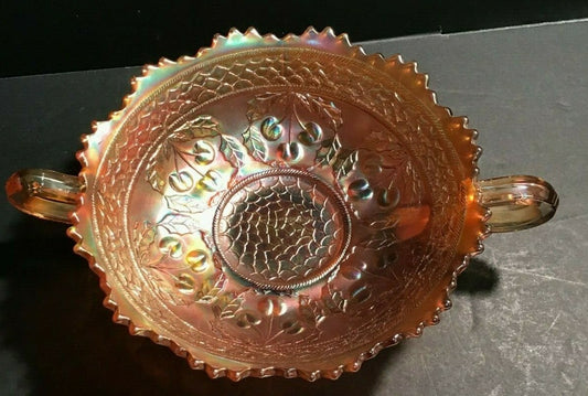 Fenton 10" Marigold Bowl Cherries Circles Picot Edge Iridescent Carnival Glass