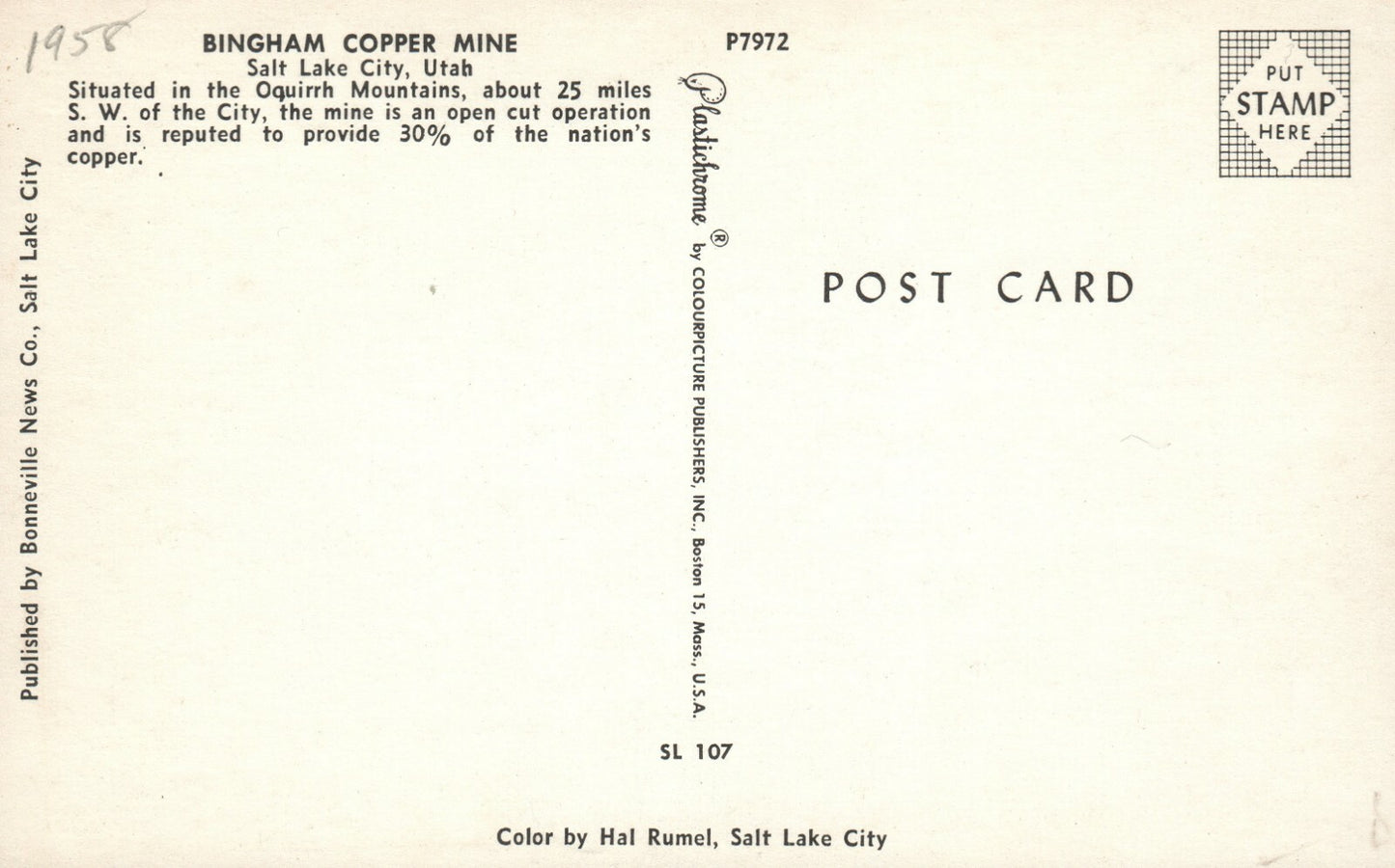 Bingham Copper Mine Salt Lake City SL UT 107 Utah Postcard