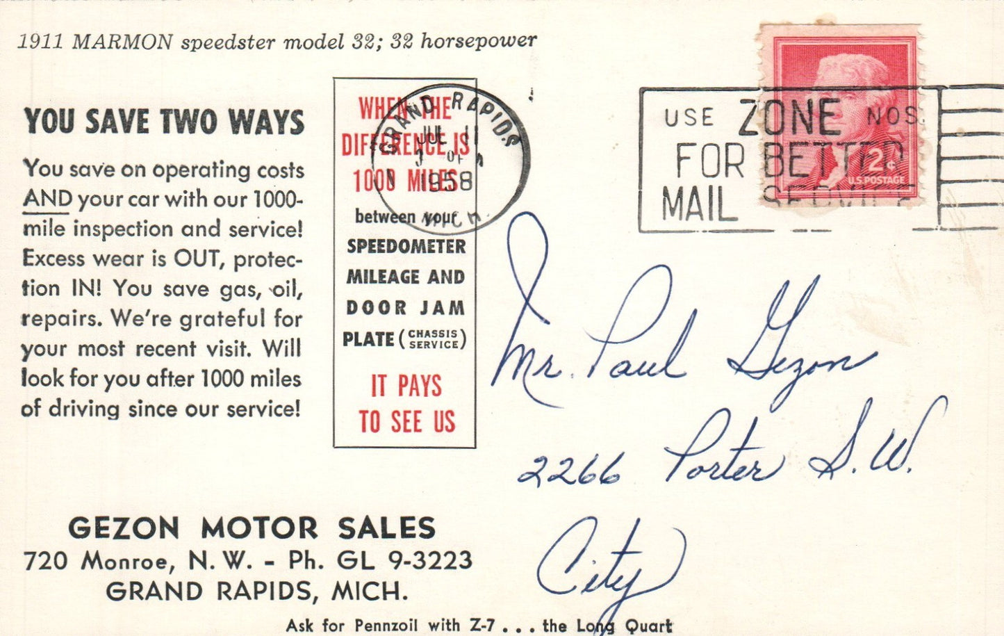 1911 Marmon Speedster Model 32 Automobile Car Postcard