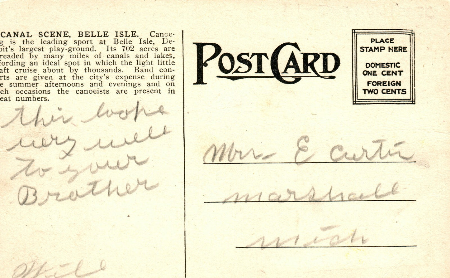 Canal Scene Belle Isle Canoes Detroit MI Michigan Postcard