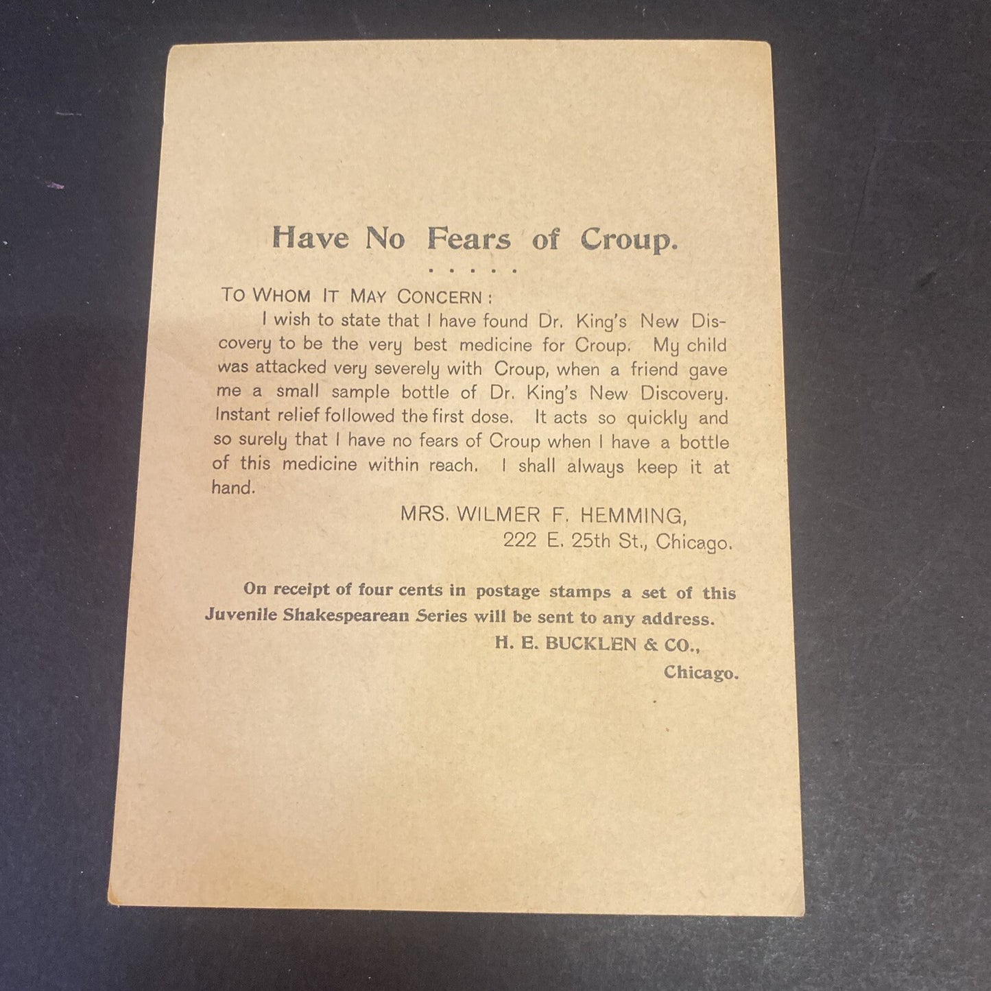 Romeo & Juliet 1895 Dr Kings New Discovery Shakespeare Victorian Trade Card No 3