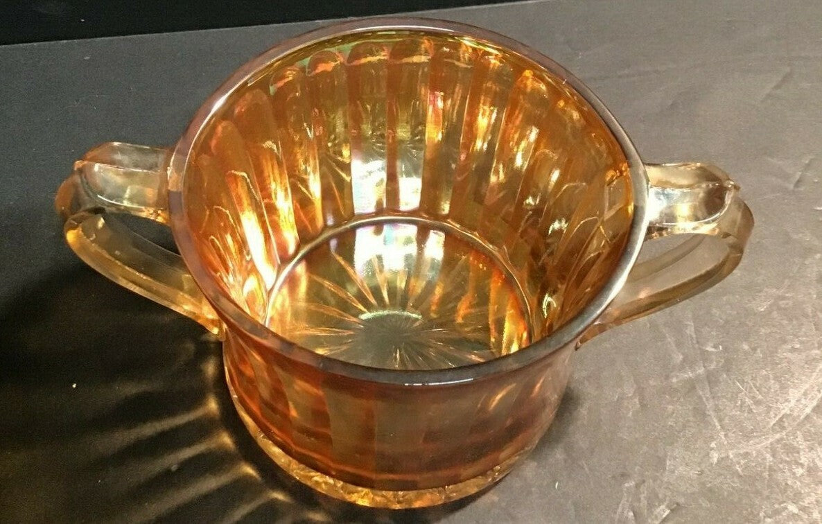 6 1/2" Marigold Two Handled Striped Large Sugar Bowl Iridescent Carnival Glass