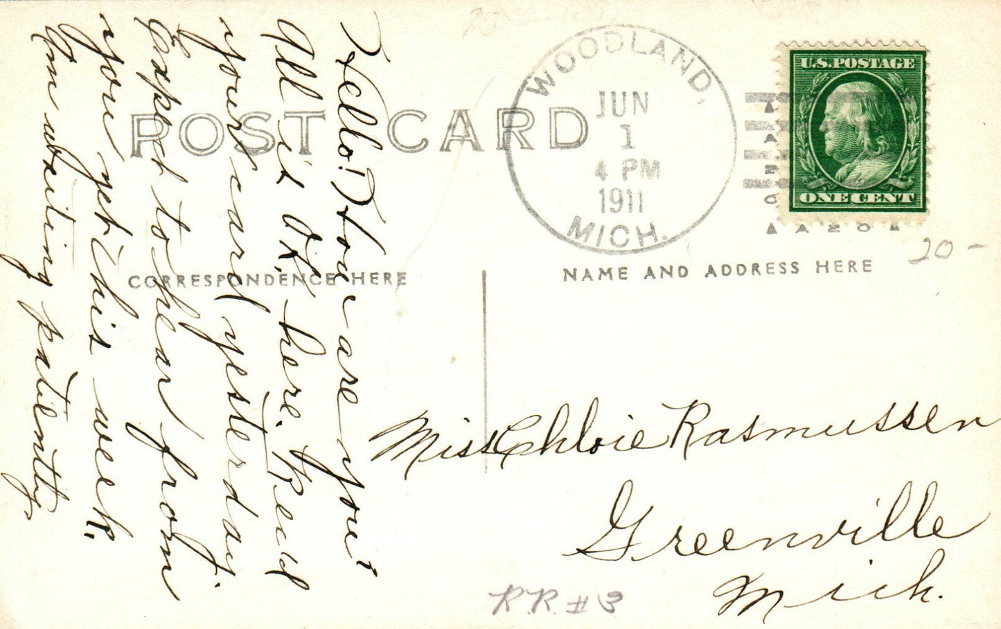 1911 Real Photo School Building View Woodland Michigan MI Postcard
