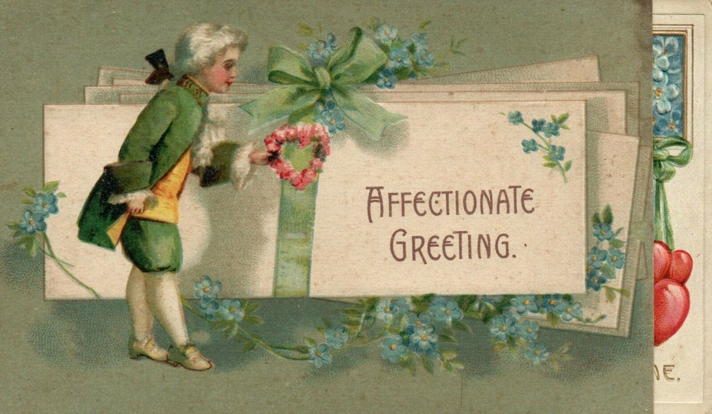 Affectionate Greeting Victorian Man Holds Red Floral Heart Valentine Postcard