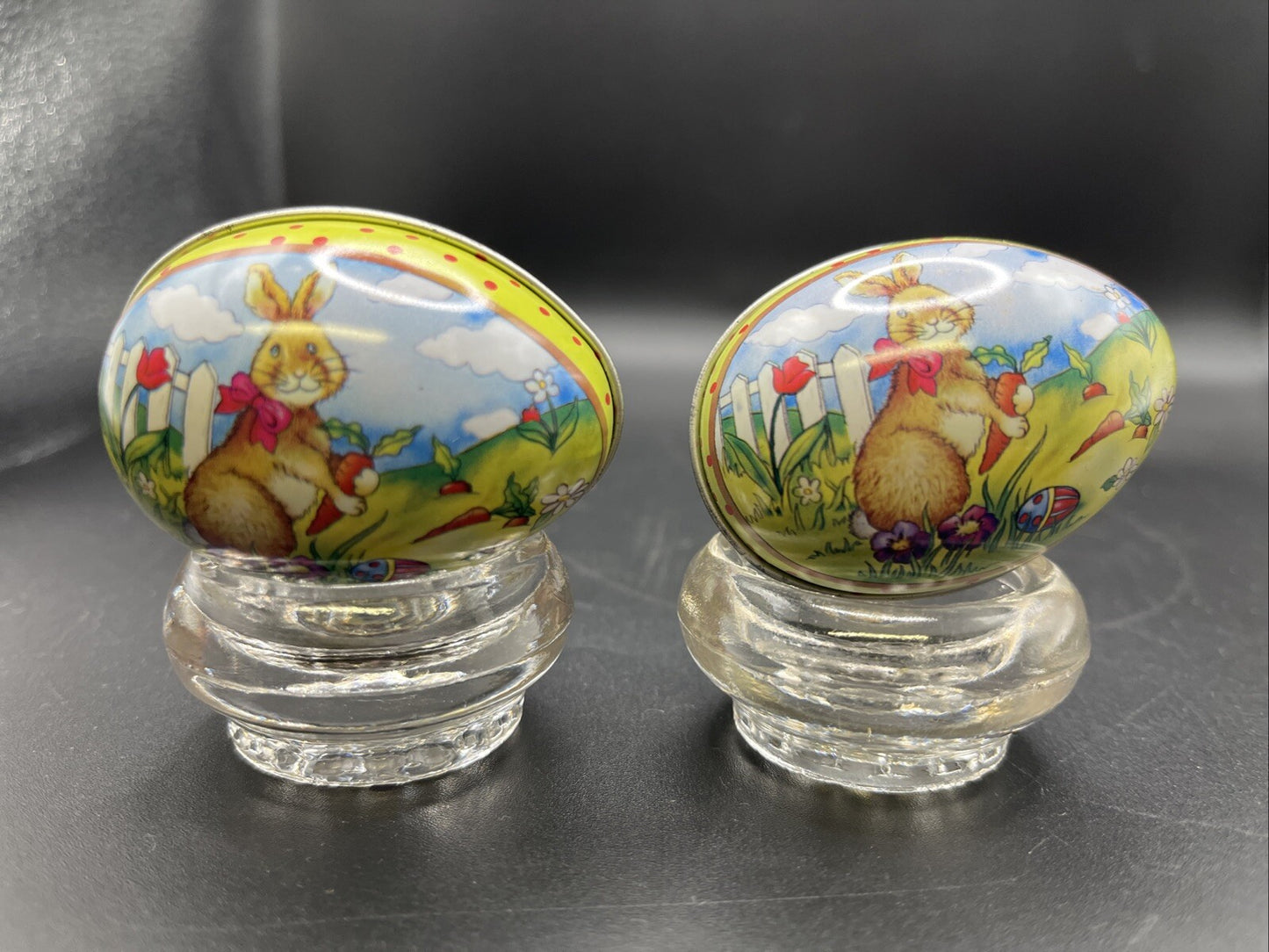 Vintage 2 Tin Egg With rabbit Picture