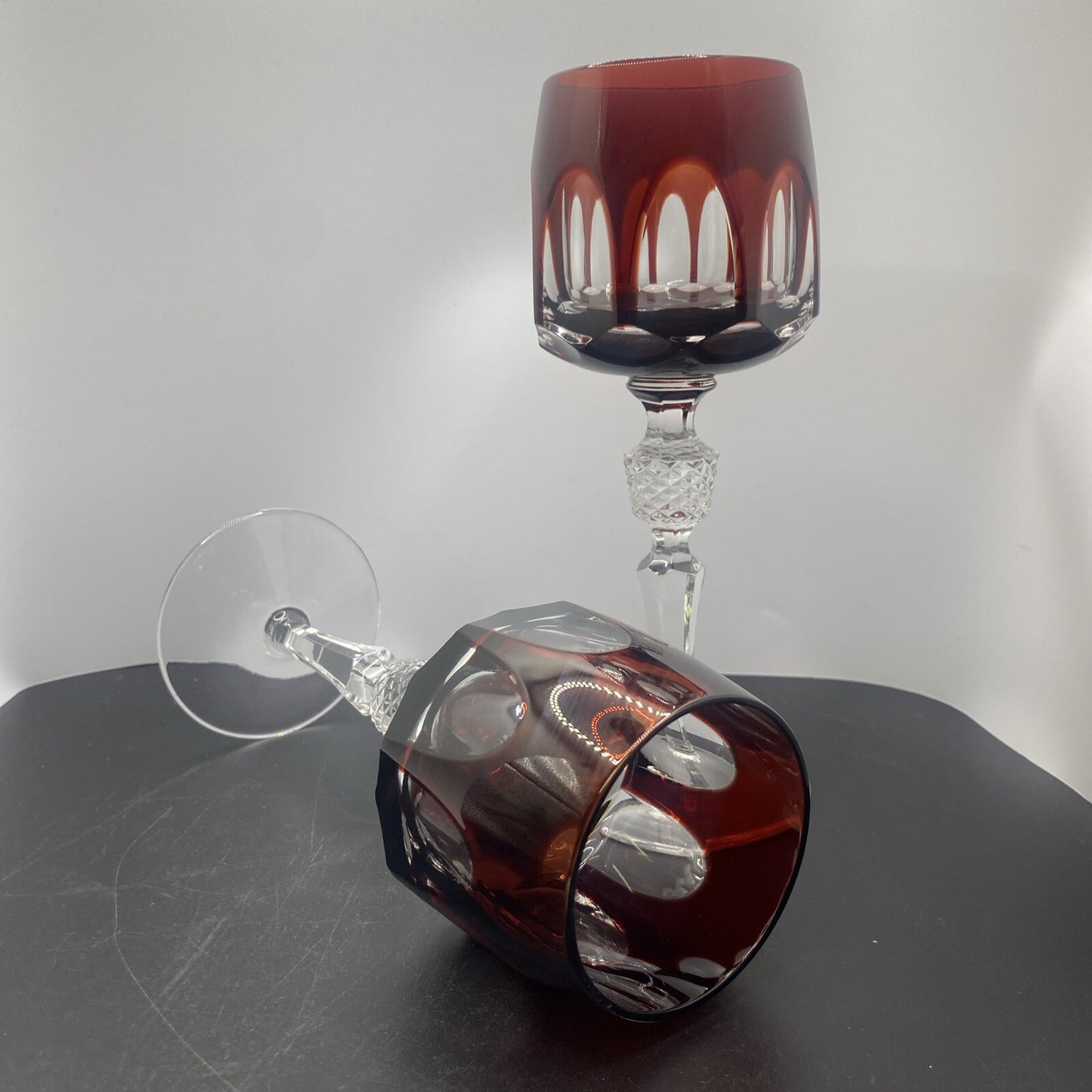 2 NACHTMANN ANTIKA Crystal 8" Cut To Clear WINE GOBLET Bohemian Ruby Red