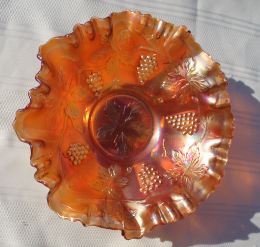 Vintage 8 1/2" Grape Leaves Marigold Carnival Glass Ruffled Edge Bowl Excellent