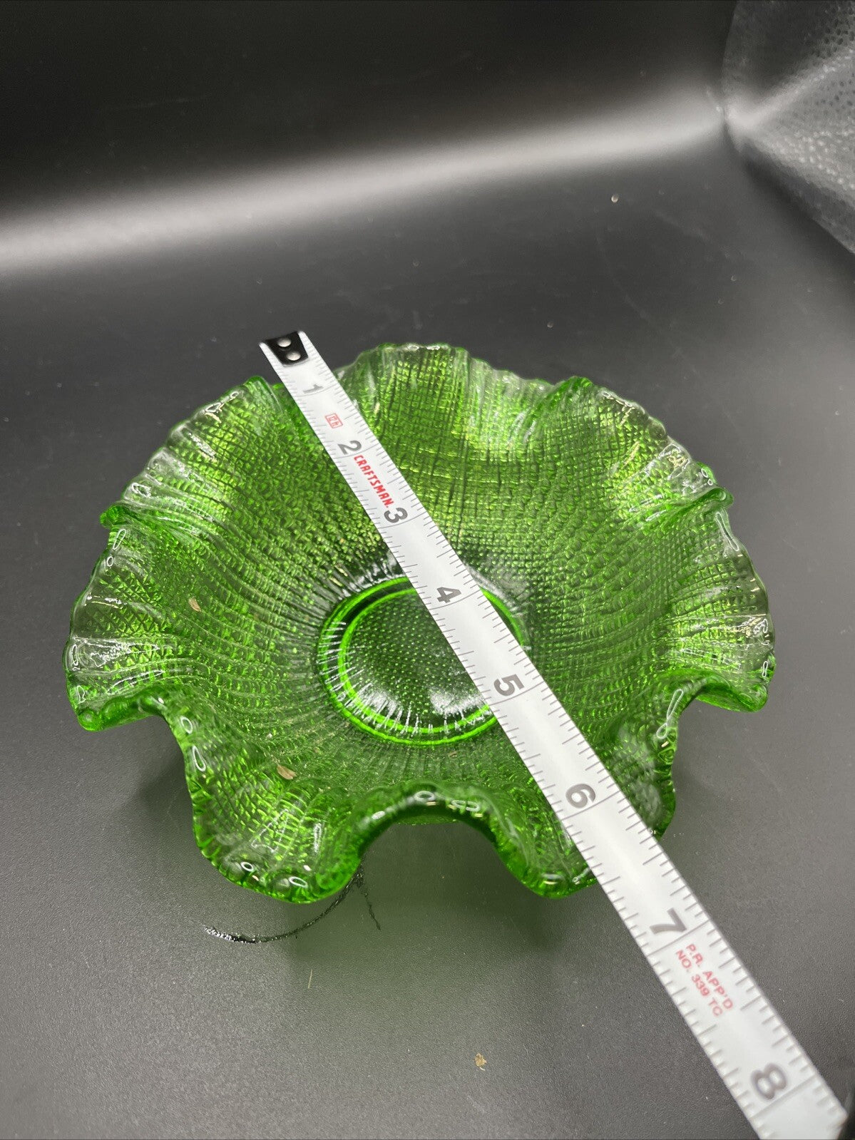 Vintage Green Glass Waffle Pattern Bowl With Ruffled Edge
