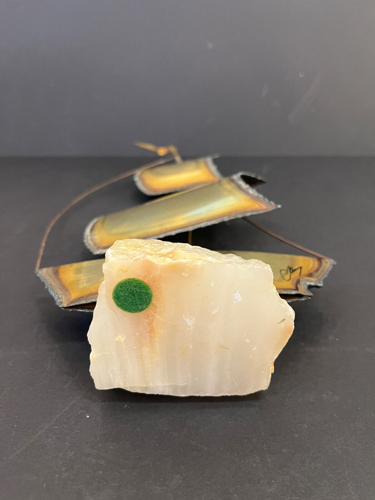 11.5" Signed Demott Mid-Century Modern Brass Sailboat Sculpture on Onyx Base