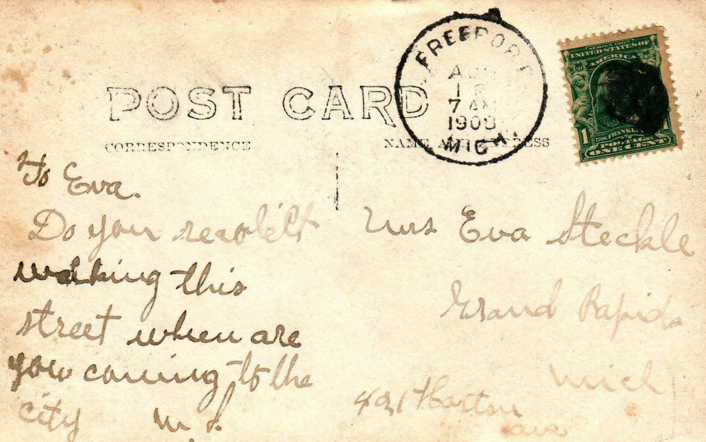 1908 Real Photo Cherry Street Church Freeport Michigan MI Postcard