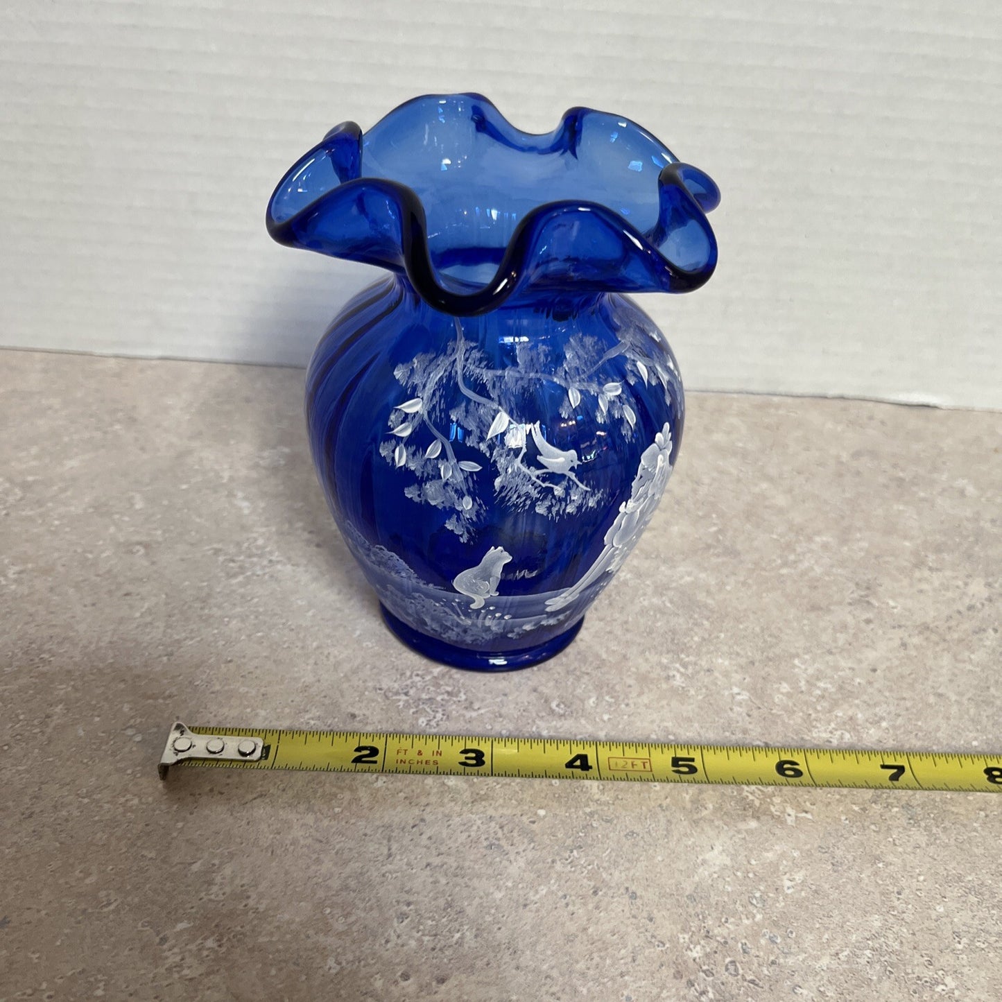 Sue Fenton MARY GREGORY COBALT BLUE VASE Girl Bird Watching W/ Cat 5.75” Signed