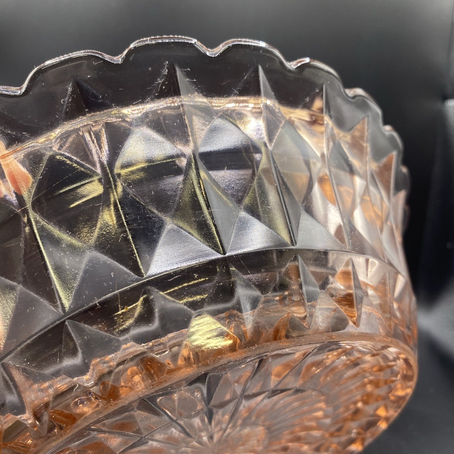 8.5" Vintage Pink Depression Glass Cube Diamond Scalloped Edge Bowl