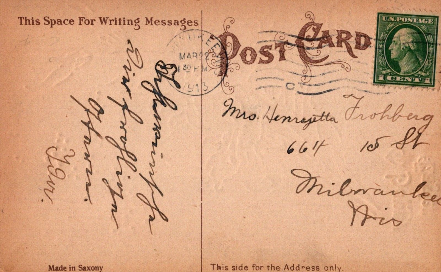 Happy Easter Chick Looks at Ladybug Lilies Flowers Country Scene Gel Postcard