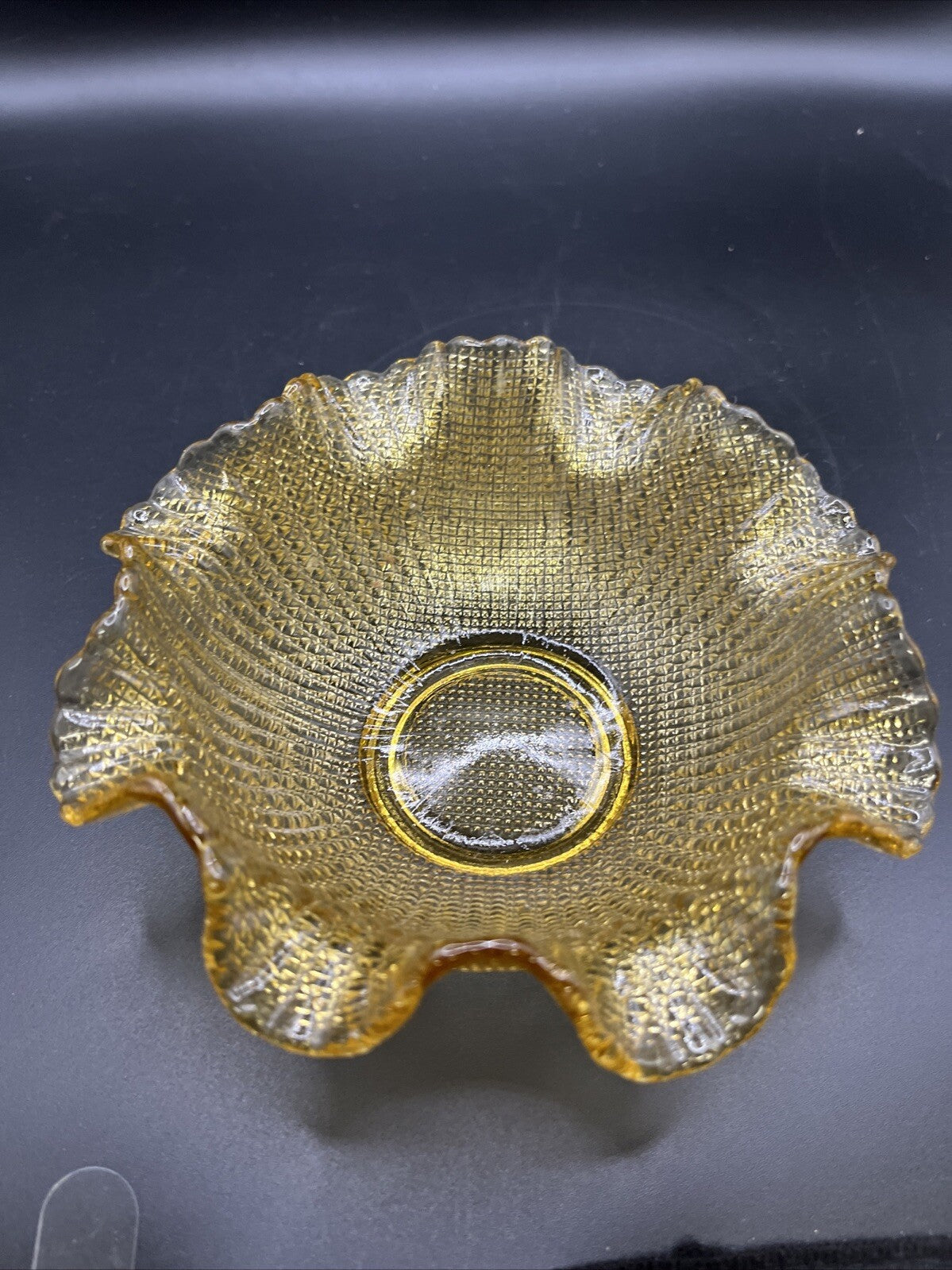 Vintage Amber Glass Waffle Pattern Bowl With Ruffled Edge